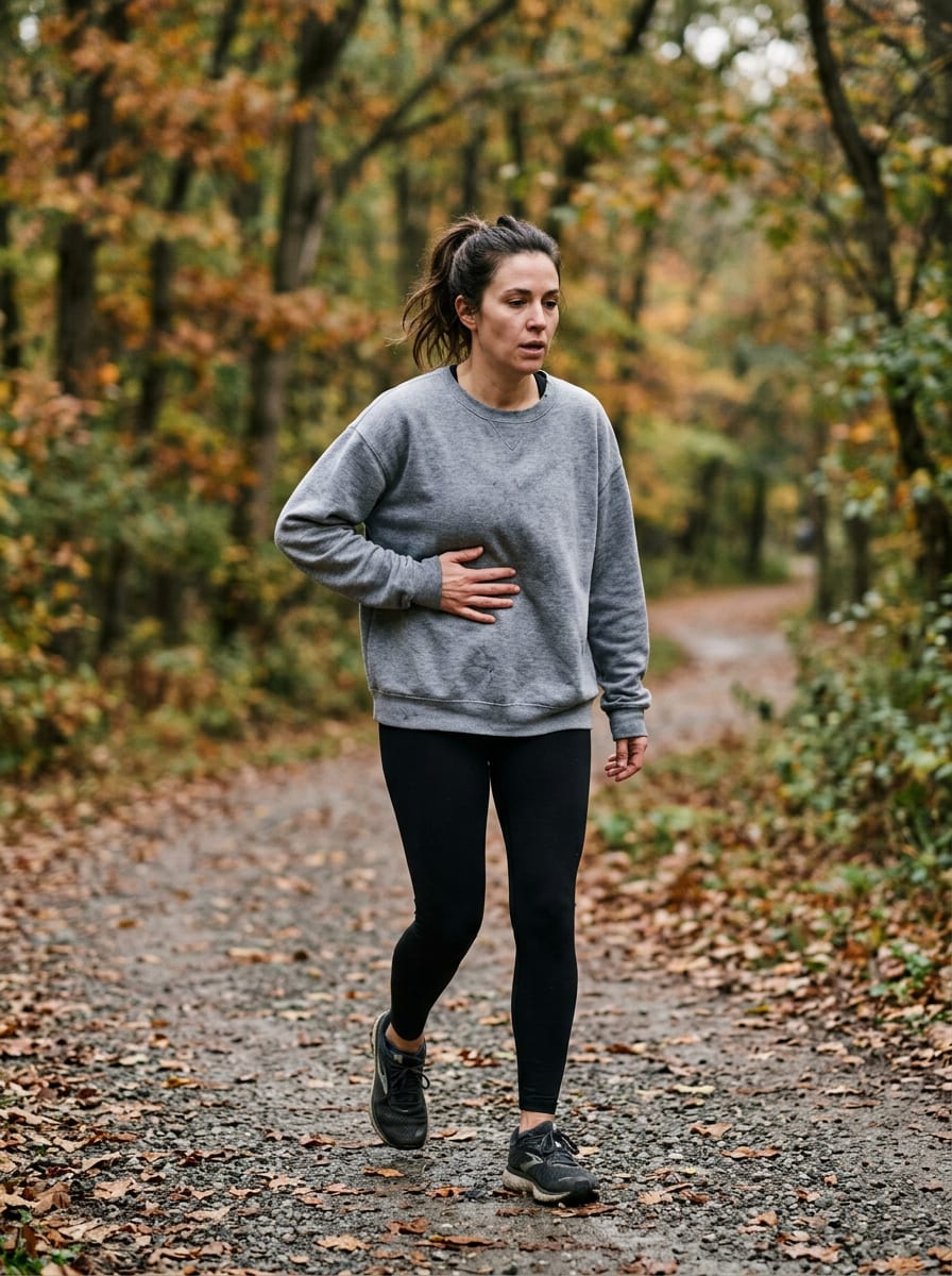A runner slowing down on a forest path, generated image