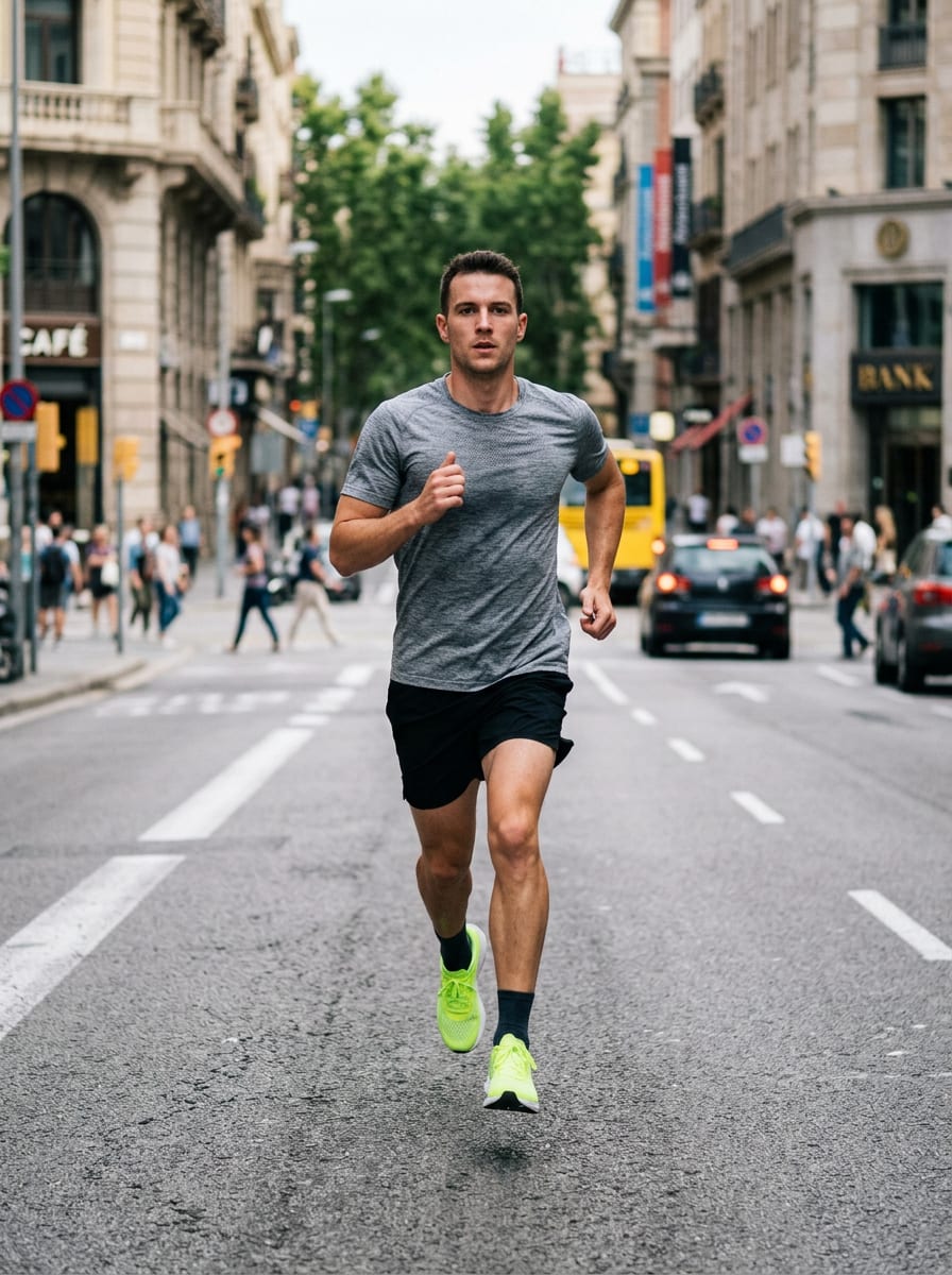 A runner in a grey t-shirt on an avenue, generated image