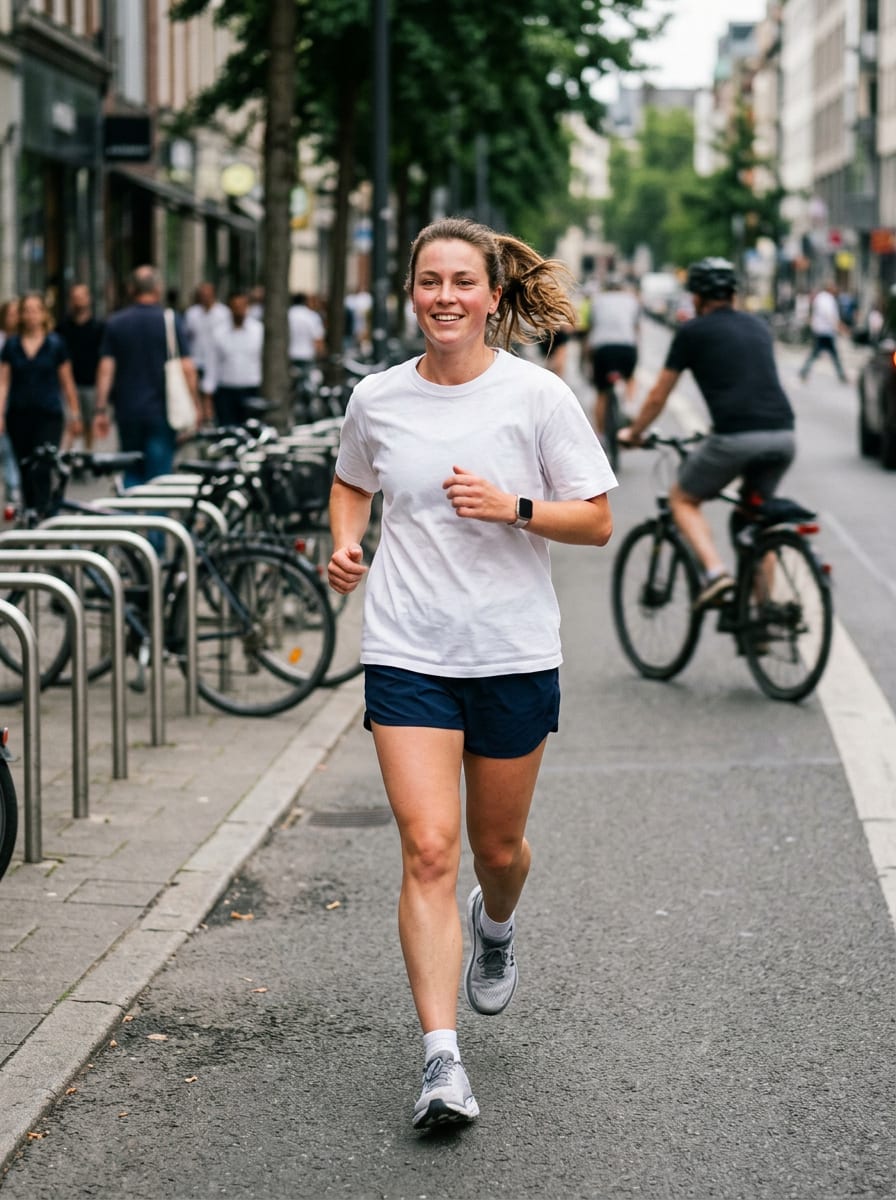 A smiling runner on a city street, generated image
