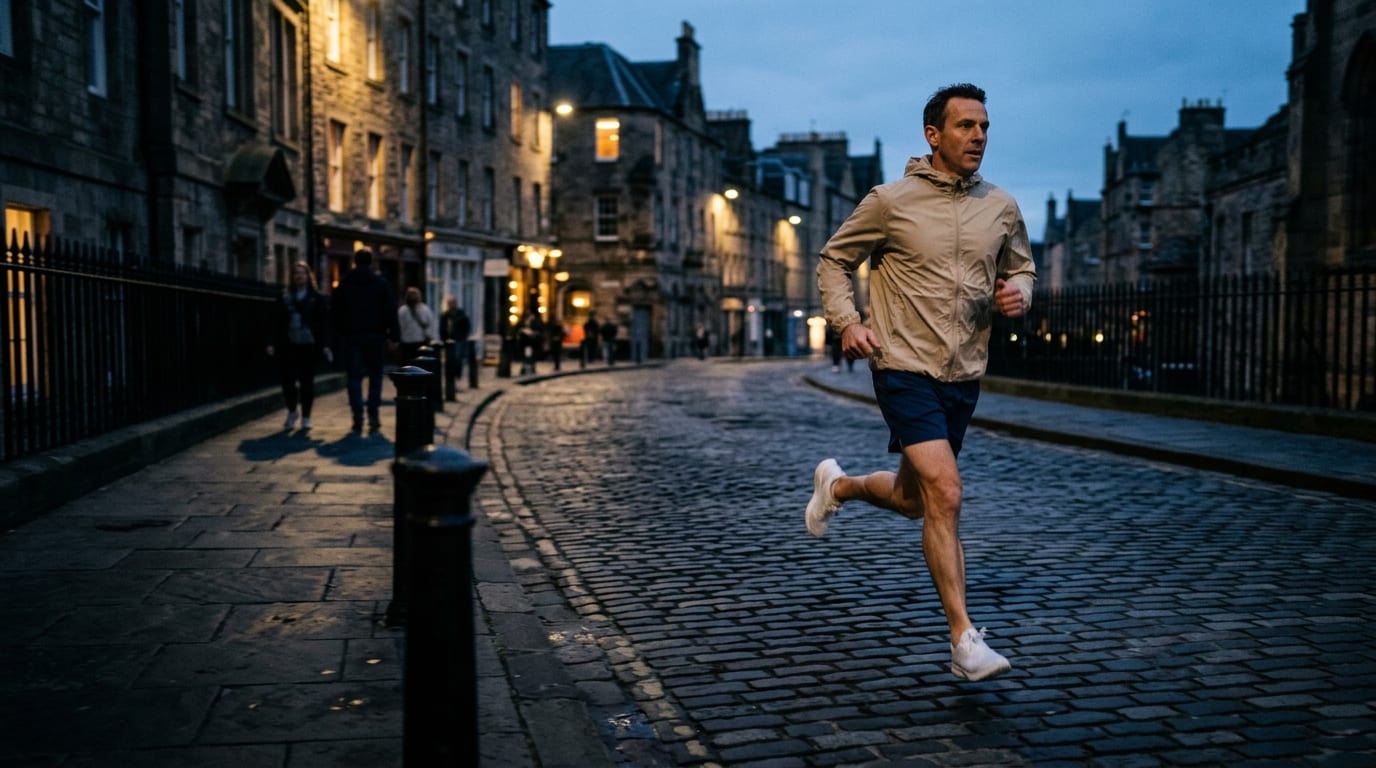 A runner in a beige jacket on a cobbled street at dusk, generated image