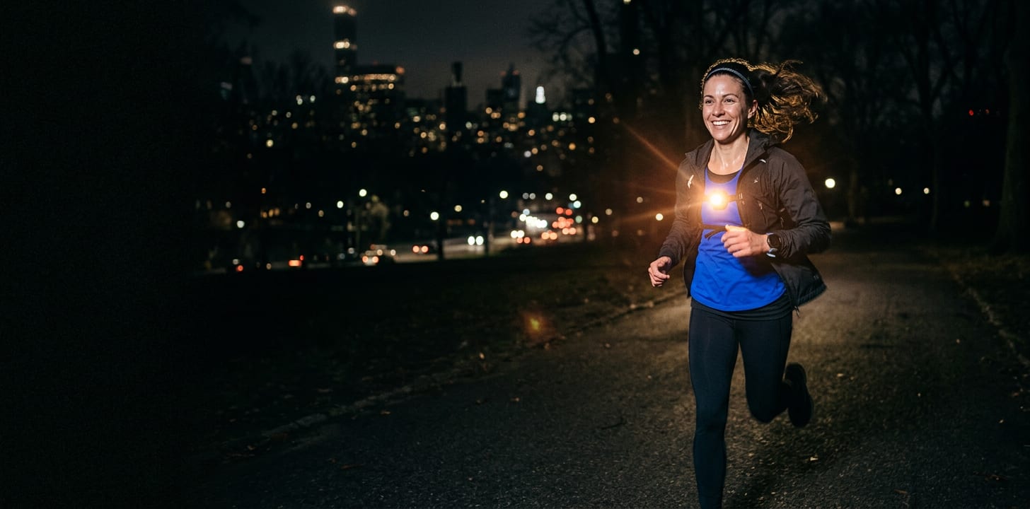 A runner with a chest light in a park at night, city skyline behind, generated image