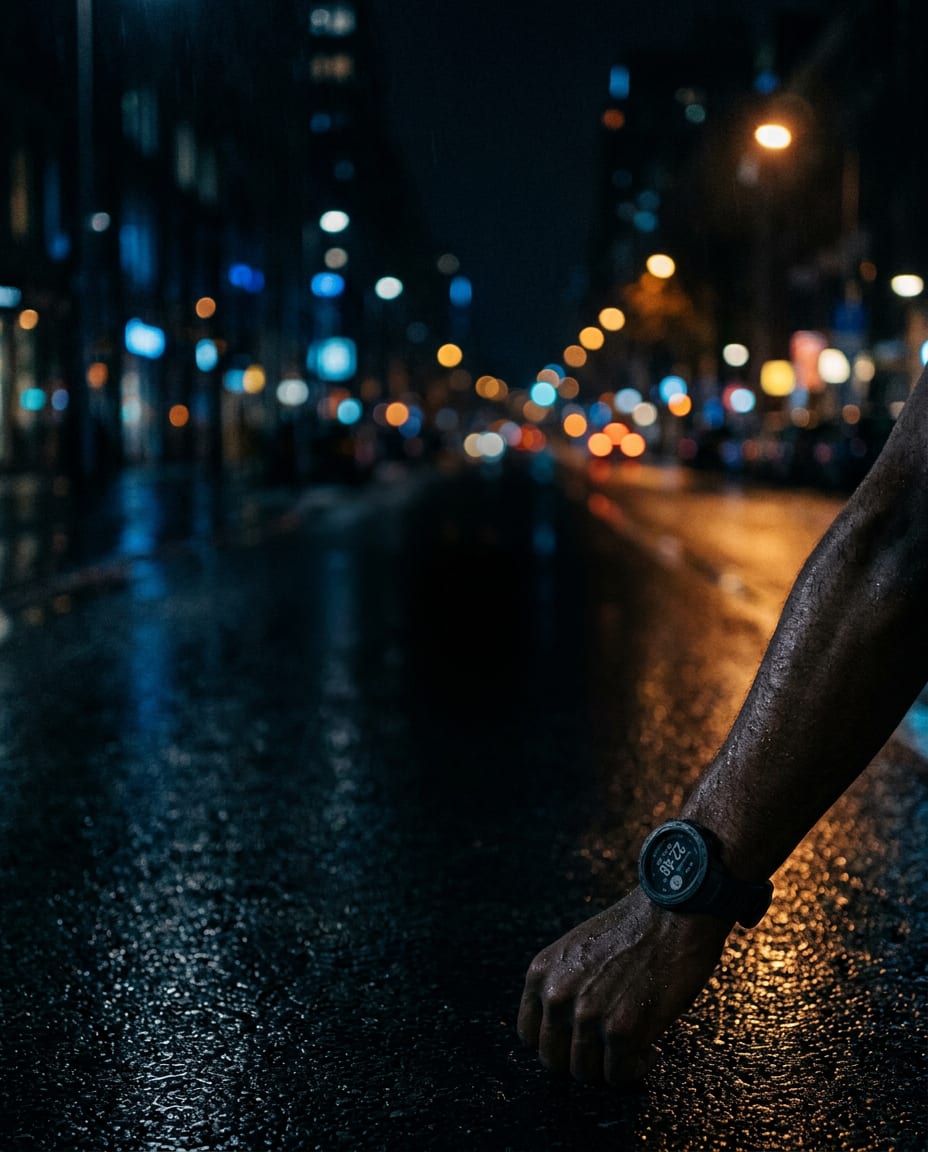 A wrist with a watch above a wet street at night, generated image
