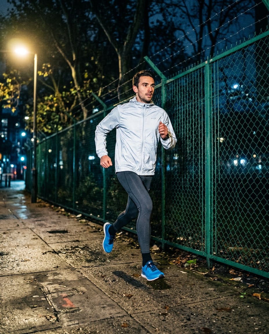 A runner in a reflective jacket beside a fence at night, generated image